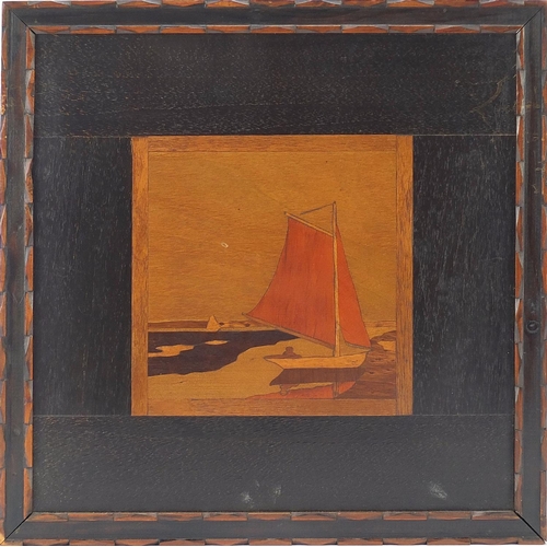 573 - Rowley Gallery, Arts & Crafts marquetry inlaid panel titled Sunlit Sail, label verso, 34cm x 34cm