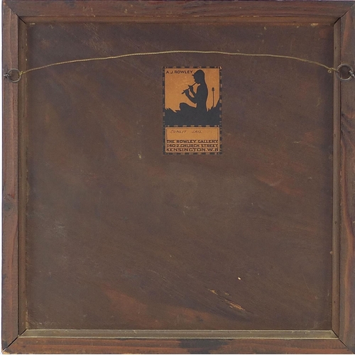 573 - Rowley Gallery, Arts & Crafts marquetry inlaid panel titled Sunlit Sail, label verso, 34cm x 34cm