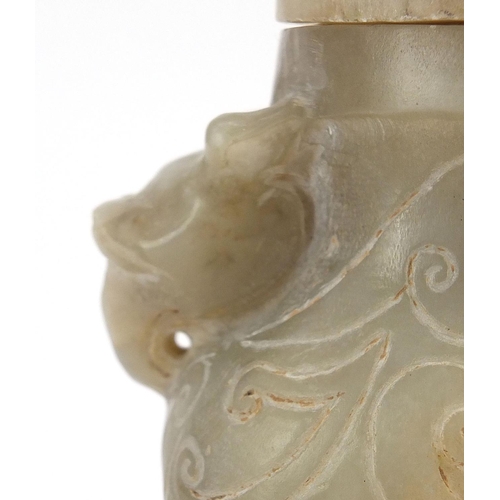 716 - Chinese carved hardstone archaic vase and cover with animalia handles, 21cm high