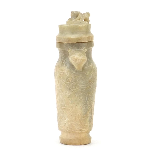 716 - Chinese carved hardstone archaic vase and cover with animalia handles, 21cm high