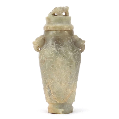 716 - Chinese carved hardstone archaic vase and cover with animalia handles, 21cm high