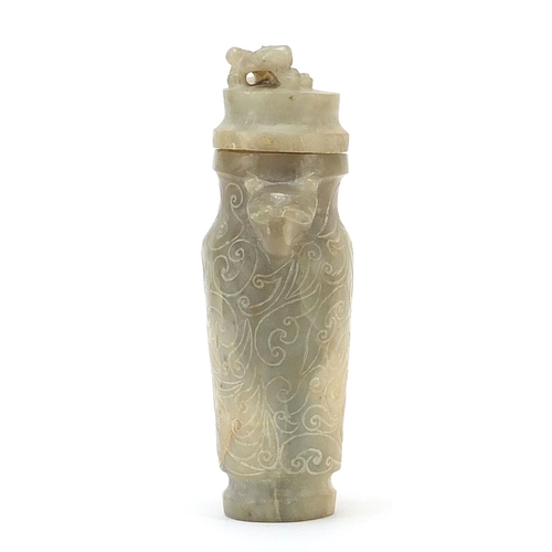 716 - Chinese carved hardstone archaic vase and cover with animalia handles, 21cm high