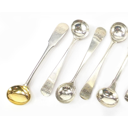 1465 - Seven Georgian and later silver mustard spoons, various hallmarks, the largest 10.5cm in length, tot... 