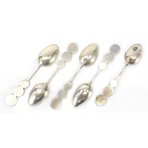 603 - Set of five Chinese silver coloured metal teaspoons with gilt bowls, 12cm in length, 70.5g