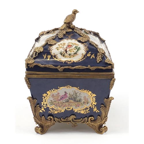 686 - Continental bronze mounted porcelain table casket decorated with birds, leaves and berries, 35cm H x... 