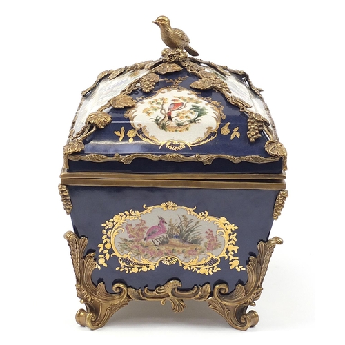 686 - Continental bronze mounted porcelain table casket decorated with birds, leaves and berries, 35cm H x... 