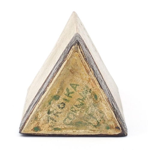 565 - Large Troika St Ives Pottery vase of triangular form, inscribed to the base, 33.5cm high