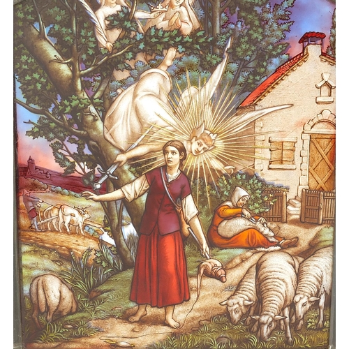 909 - Arts & Crafts Pre-Raphaelite leaded stained glass panel hand painted with Joan of Arc, housed in a o... 
