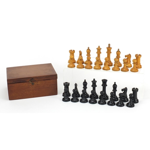509 - Boxwood and ebony Staunton chess set with mahogany case, possibly by Jaques, the largest piece 8.5cm... 