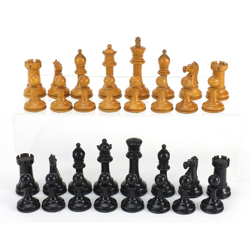 509 - Boxwood and ebony Staunton chess set with mahogany case, possibly by Jaques, the largest piece 8.5cm... 