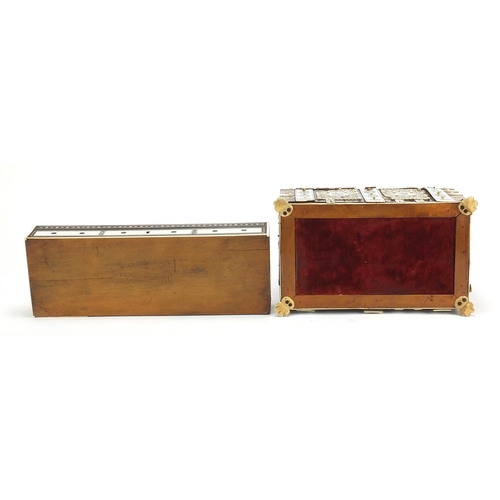 535 - Anglo Indian tortoiseshell, ivory and sandalwood dome top stationary box with fitted interior on paw... 