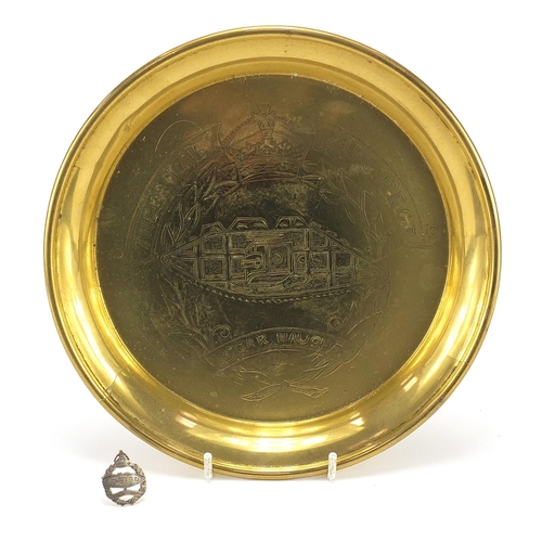 3483 - Military interest Royal Tank Regiment brass plate and a Fear Nought silver brooch, the largest 20.5c... 