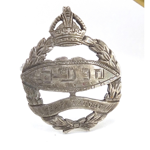 3483 - Military interest Royal Tank Regiment brass plate and a Fear Nought silver brooch, the largest 20.5c... 