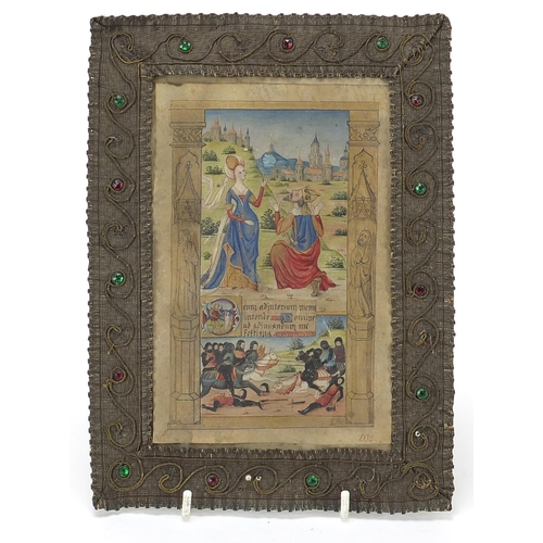 1082 - Antique illuminated manuscript hand painted with a King and battle scene onto vellum, dated 1532 in ... 