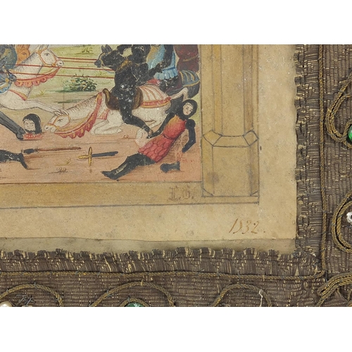 1082 - Antique illuminated manuscript hand painted with a King and battle scene onto vellum, dated 1532 in ... 