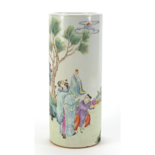 911 - Chinese porcelain cylindrical vase hand painted in the famille rose palette with two figures in a pa... 