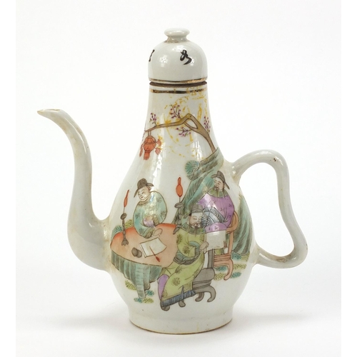 802 - Chinese porcelain teapot hand painted in the famille rose palette with an Emperor and scholars, six ... 