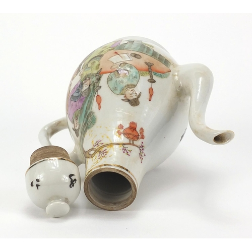 802 - Chinese porcelain teapot hand painted in the famille rose palette with an Emperor and scholars, six ... 