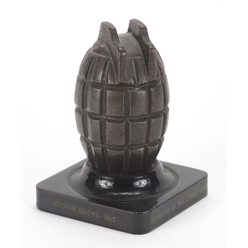 3495 - British military World War I mills hand grenade casting desk weight, 11.5cm high