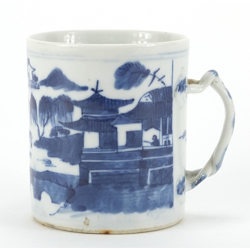 592 - Chinese blue and white porcelain mug hand painted with figures in a landscape, 9.5cm high