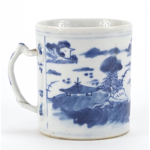 592 - Chinese blue and white porcelain mug hand painted with figures in a landscape, 9.5cm high