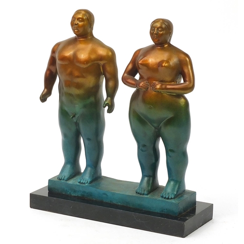 2457 - Mid century design patinated bronze figure group of a standing nude male and female, 38cm high