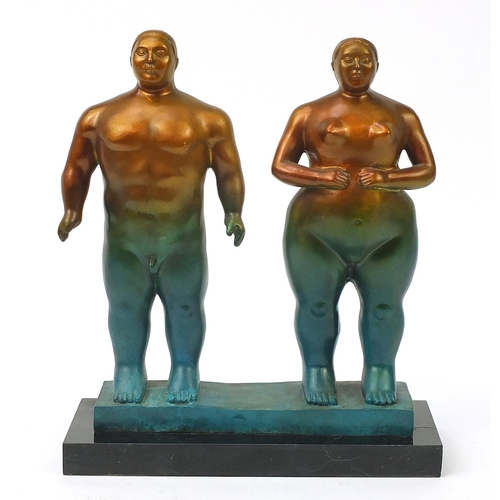 2457 - Mid century design patinated bronze figure group of a standing nude male and female, 38cm high