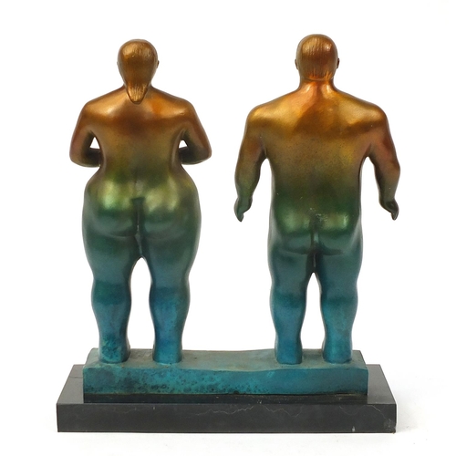 2457 - Mid century design patinated bronze figure group of a standing nude male and female, 38cm high