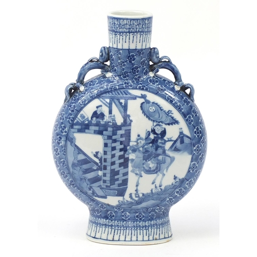 516 - Large Chinese blue and white porcelain moon flask hand painted with warriors in a palace setting, fo... 