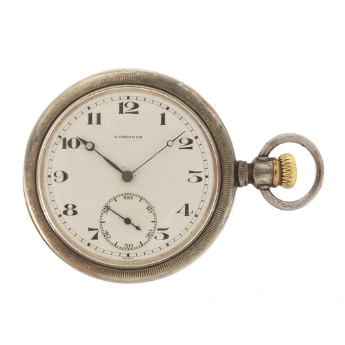 439 - Longines, gentlemen's silver coloured metal open face pocket watch with subsidiary dial, 52mm in dia... 