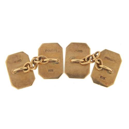 147 - Pair of 9ct gold cufflinks, housed in a Smart Turnout tooled leather fitted box, 1.6cm wide, 9.2g