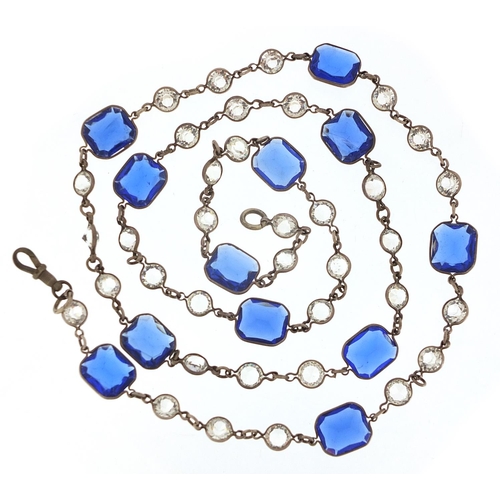 205 - Antique silver coloured metal necklace set with blue and clear glass stones, 88cm in length, 47.4g