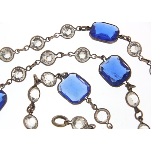 205 - Antique silver coloured metal necklace set with blue and clear glass stones, 88cm in length, 47.4g