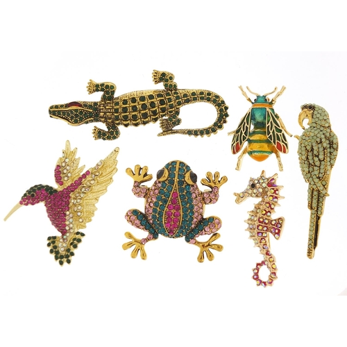 2440 - Six jewelled and enamel animal and insect brooches including hummingbird, seahorse, crocodile and pa... 