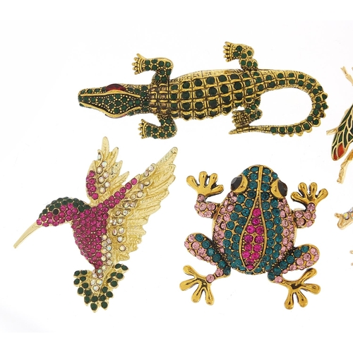 2440 - Six jewelled and enamel animal and insect brooches including hummingbird, seahorse, crocodile and pa... 