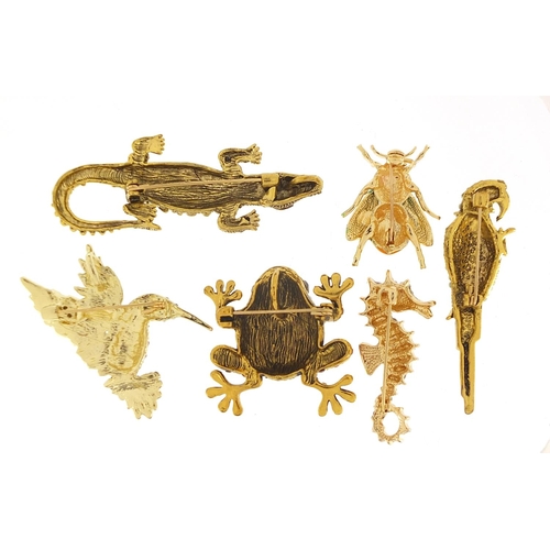 2440 - Six jewelled and enamel animal and insect brooches including hummingbird, seahorse, crocodile and pa... 