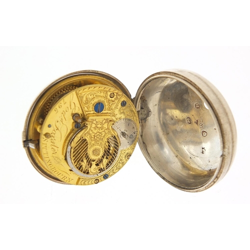 124 - Goddard Forster, George III silver open face pocket watch, the fusee movement numbered 795, 50mm in ... 