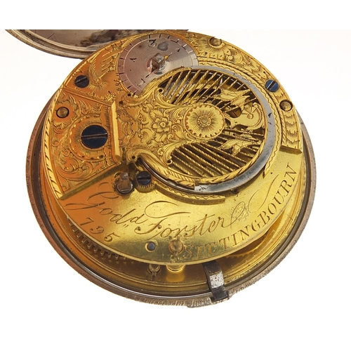 124 - Goddard Forster, George III silver open face pocket watch, the fusee movement numbered 795, 50mm in ... 