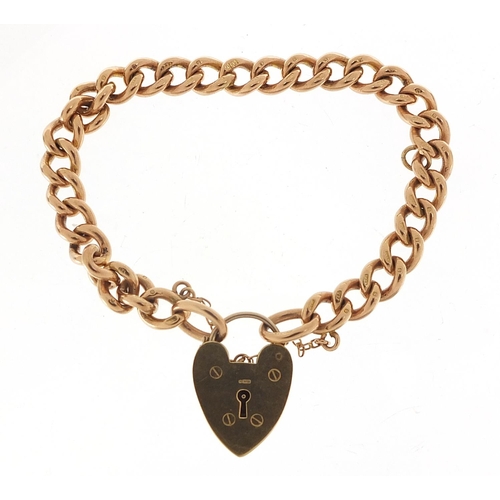 216 - 9ct rose gold charm bracelet with love heart padlock, 18cm in length, 26.5g