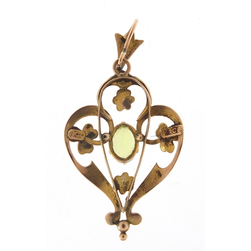 261 - Art Nouveau 9ct gold peridot and seed pearl pendant, 4cm high, 1.7g