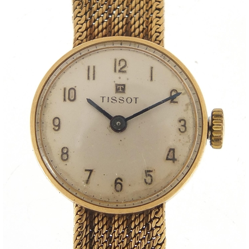 332 - Tissot, ladies 9ct gold wristwatch with 9ct gold strap, 19mm in diameter, 17.3g