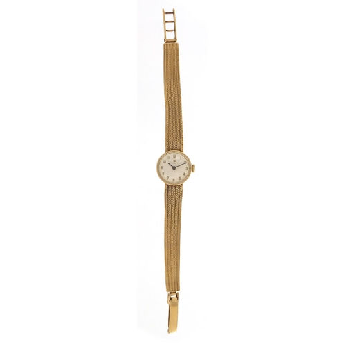 332 - Tissot, ladies 9ct gold wristwatch with 9ct gold strap, 19mm in diameter, 17.3g