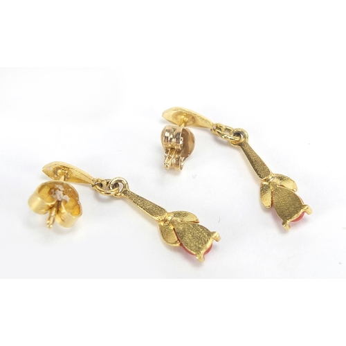 747 - Pair of 9ct gold coral drop earrings, housed in a Preston's box, 2.4cm high, 1.4g