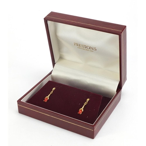 747 - Pair of 9ct gold coral drop earrings, housed in a Preston's box, 2.4cm high, 1.4g