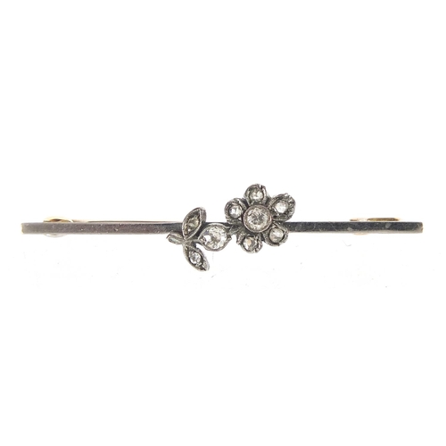 117 - 15ct gold and platinum diamond flower bar brooch, housed in a Liddles Ltd jeweller's box, 4.2cm in l... 