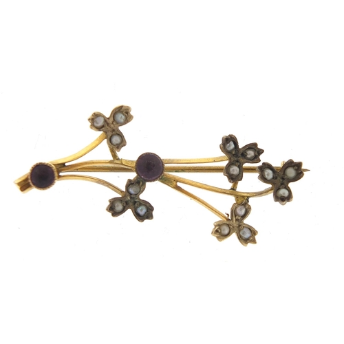 466 - Antique unmarked gold amethyst and seed pearl bar brooch, housed in an antique H Samuel box, 3.8cm i... 