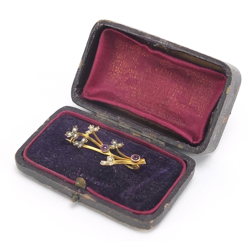 466 - Antique unmarked gold amethyst and seed pearl bar brooch, housed in an antique H Samuel box, 3.8cm i... 