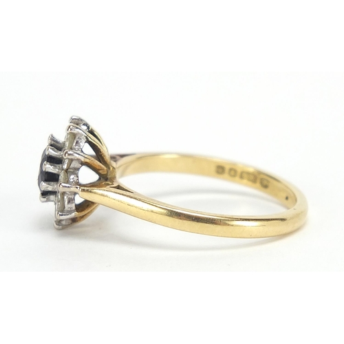 204 - 18ct gold sapphire and diamond ring, the sapphire approximately 4.8mm in diameter, size N, 3.8g