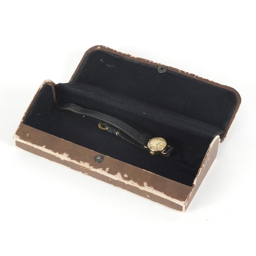 445 - Omega, ladies 9ct gold wristwatch with a Omega watch box, 17mm in diameter