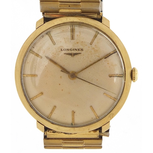 381 - Longines, gentlemen's 9ct gold manual wristwatch with box, 35mm in diameter